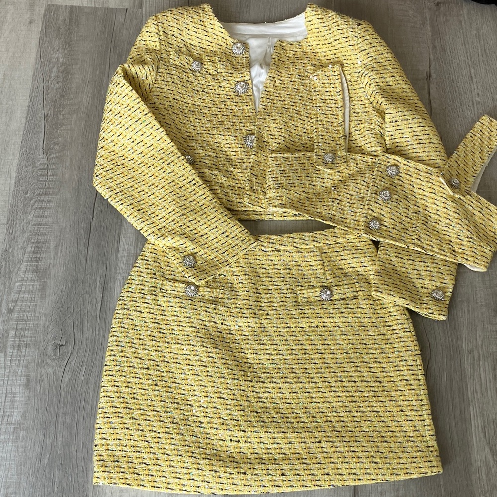 Sexy Yellow Tweed Jacket & Skirt Set